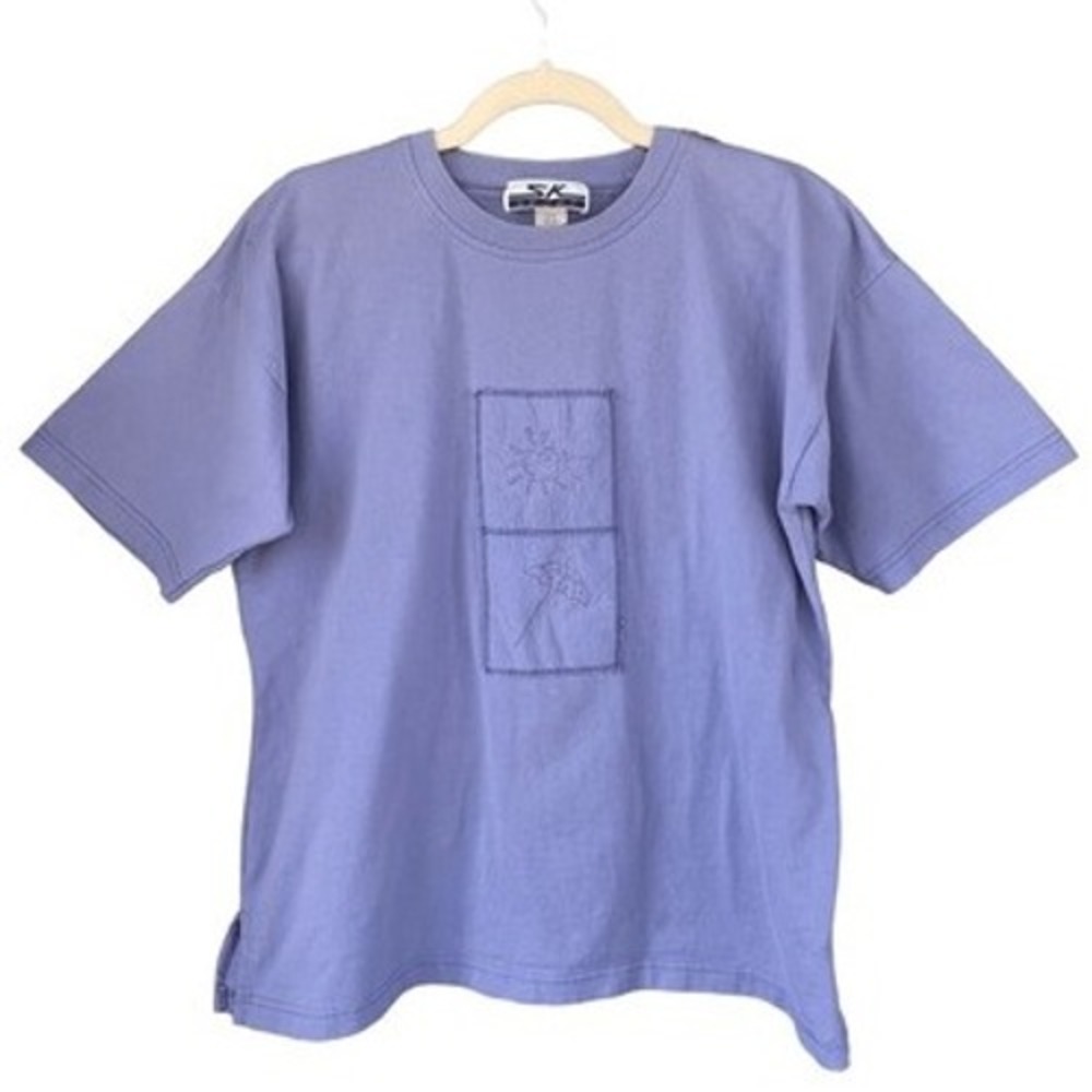 T4 1990s Vintage SK‎ Sport Lilac Embroidered Flower Patch T Shirt Cotton Casual